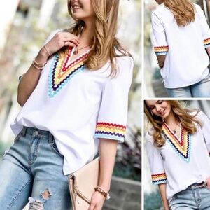 ✨Mazik White V-Neck Rainbow Blouse Top Short Sleeves - Size Large